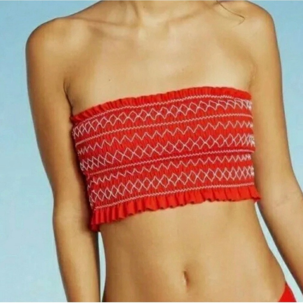 Xhilaration Red Smocked Bandeau Bikini Top With White Embroidery Womens Small